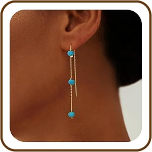 Suarlly Turquoise Earrings for Women Gold Dangle Earrings for Women 14K Gold Plated Threader Earrings Chain Drop Hypallergeni