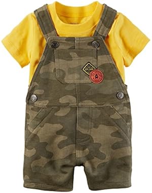 Boy's 2-Piece, Short Sleeve Yellow Tee & Camo Green Shortalls