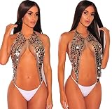 Hunputa Sexy Women Nightclub Bling Sequins Tassel Party Body Chain Jewelry Bikini Waist Gold Belly Beach Harness Slave Necklace Bra Cami Tops Vest Tank (Silver)