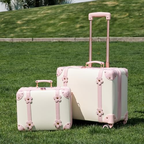 urecity Vintage PU Leather Cabin Size Luggage Set Stylish Retro Underseat Carry On Suitcases with TSA Lock & Spinner Wheels, Lightweight Design for Elegant Travel (18''+14'' White Flowers)
