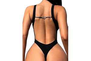 Foxiny Sexy Backless Cheeky High Cut Leg Thong V Neck One Piece Swimsuit