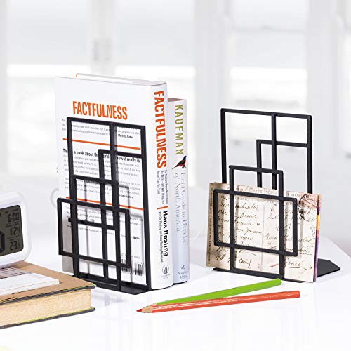 RooLee Decorative Kid's Book Ends Heavy Duty, Black Metal Bookends Supports for Shelves, Unique Window Lattice Design