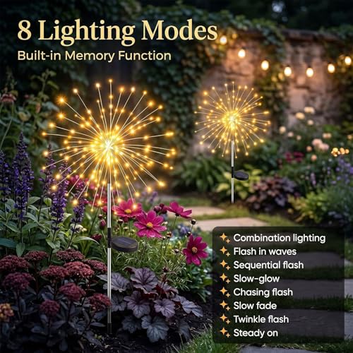 yowin Firework Solar Lights Outdoor Garden 4 Pack 120 LED Solar Garden Lights, 8 Modes Starburst Light Waterproof Copper Wire Dandelion Outdoor Stake Light for Pathway Patio Yard Lawn - Warm White