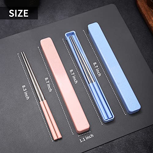 Molizummy 2 Pairs Reusable Chopsticks Metal Wheat Straw Portable with Pull Design Case, Stainless Steel Chop Sticks for Bento Box, School, Home, Office, Camping Use, Dishwasher Safe (Blue & Pink)
