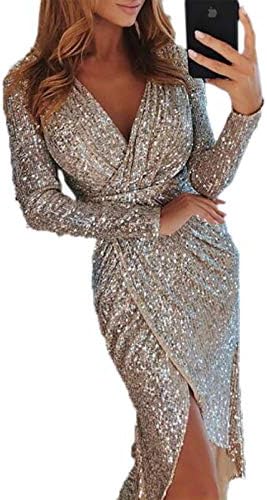 Women's Sexy Deep V Neck Sequin Glitter Bodycon Stretchy Mini Party Dress