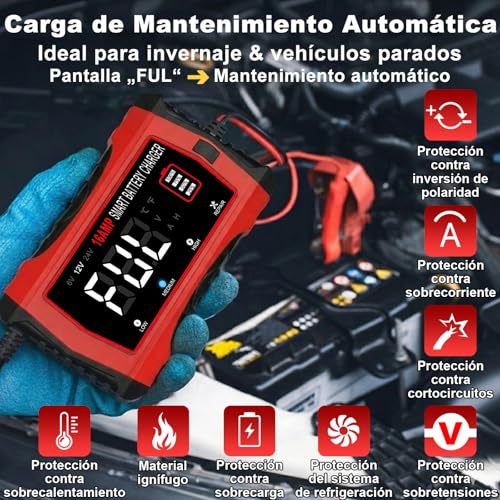 HTRC Car Battery Charger 16A 6V/12V/24V, Car Battery Charger with LCD Display Compatible with Boats, SUVs, Motorcycles and Lithium, LiFePO4, Lead-Acid Batteries (AGM, Gel, MF, EFB, SLA, Wet)