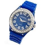 Royal Blue Geneva Silicone Ceramic Style Wrist Watch Surrounded with Silver Trim and Sparkly Rhinestones