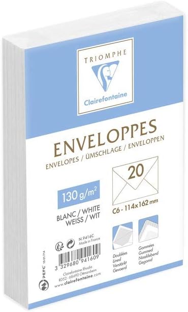Clairefontaine 9416C, Pack of 20 White Lined Envelopes Triomphe C6 -114x162mm, Gummed, 130g/m², White Colour, Correspondence - Image 3