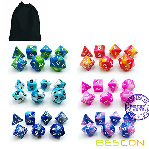 Bescon 6X7 42pcs Polyhedral Dice Set-6 Unique Two-Tone Gemini Polyhedral 7-Die Sets with Pouches for Dungeons and Dragons DND RPG MTG Dice Set of 7 d4 d6 d8 d10 d12 d20 d%