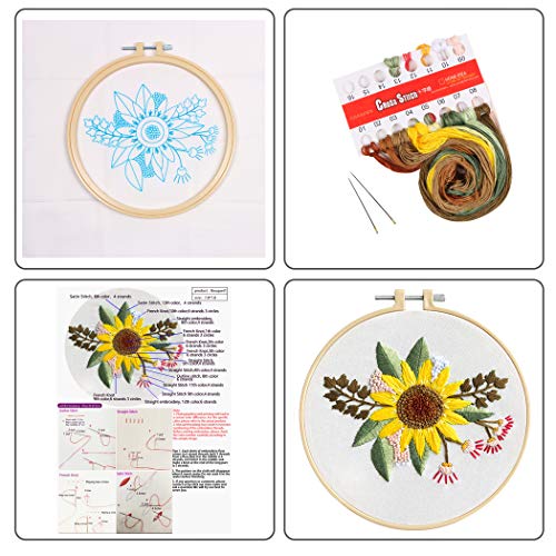 Unime Full Range of Embroidery Starter Kit with Pattern, Cross Stitch Kit Including Embroidery Cloth with Color Pattern, Embroidery Hoop, Color Threads, and Tools Kit(Sunflower,Bouquet)