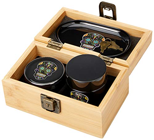 Fess Product Day Of The Dead Stash Box Combo - 2.5 Inch Heavy Full Size Titanium 4 Part Herb Grinder - DOD UV Glass stash jar - Day Of the Dead Engraved Wood Bamboo Box