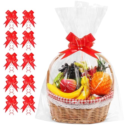 JOYIT 20PCS Large Cellophane Wrap for Gift Baskets, 24x30 Inch Clear Cellophane Bags with 20 Red Bows, 3 Mil Thicker Cellophane Gift Bags for Gift Basket Wrap, Gift Giving