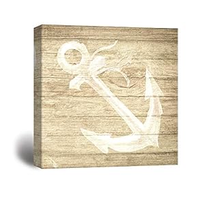 Canvas Wall Art - Wooden Background Boat Anchor Line Drawing for Living Room - Modern Home Art Stretched and Framed Ready to Hang - 12x12 inches