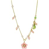 Pink Flower Necklace for Women Pearl Chain Green Leaf Cherry Blossom Pendant Necklace Fashion Delicate Charm Wedding Jewelry Gift Accessories