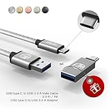 iHubr - 2in1: USB C Cable to USB 3.0 + USB Type C to USB 3.0 Adapter. Braided Cable, Metal Housing, 3.3 Ft (1M), for New Macbook, Samsung Galaxy S8/S8+, Nexus 6P/5X and Other Type-C Devices