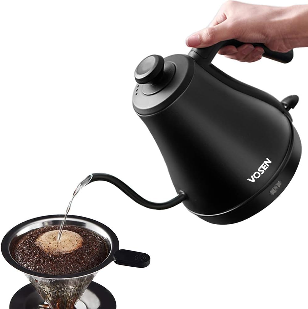 Electric Kettle, VOSEN Gooseneck Kettle, Pour Over Coffee Kettle & Tea Kettle, 100% Stainless Steel Inner Lid & Bottom, 1000 Watt Quick Heating (Black 0.8L): Kitchen & Dining