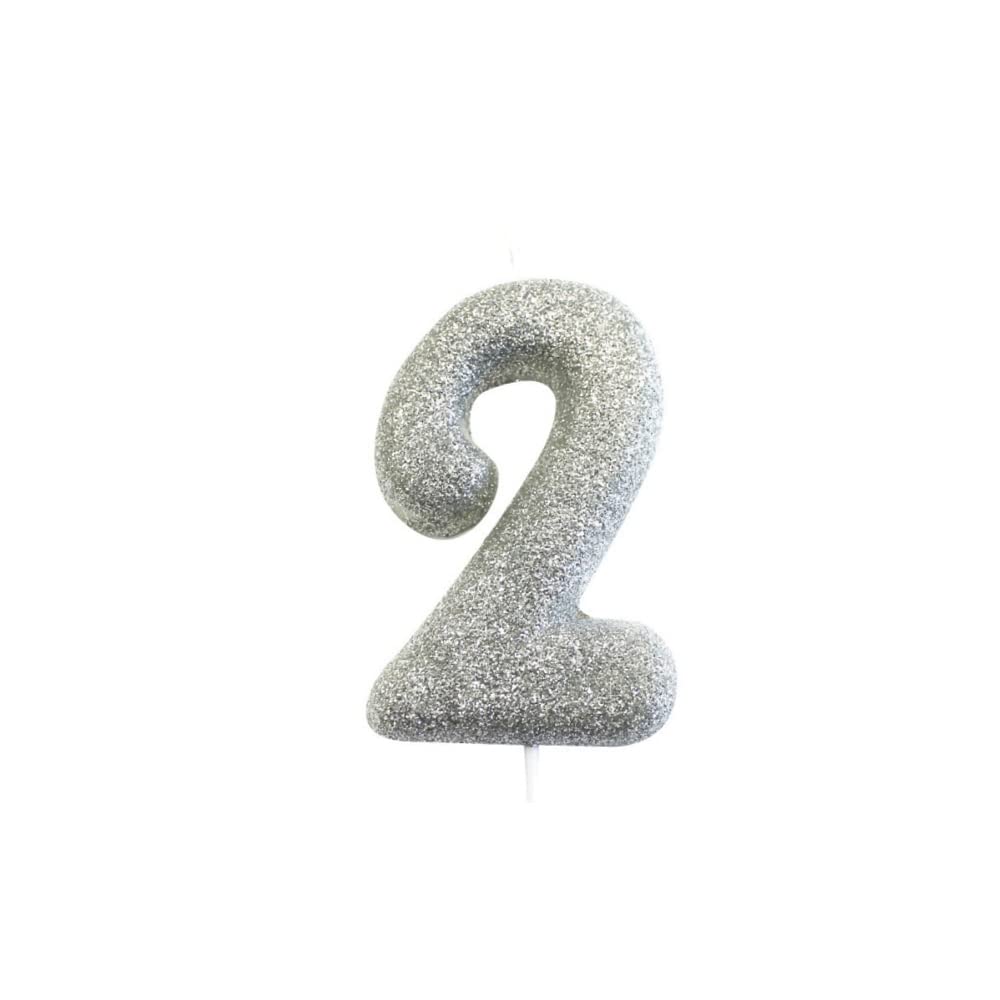Anniversary House Metallic Silver Glitter Number 2 Cake Candle for Birthday and Anniversary Decorations - Elegant Birthday Candle for Cake - Stylish Silver Number Candle Topper 7 cm