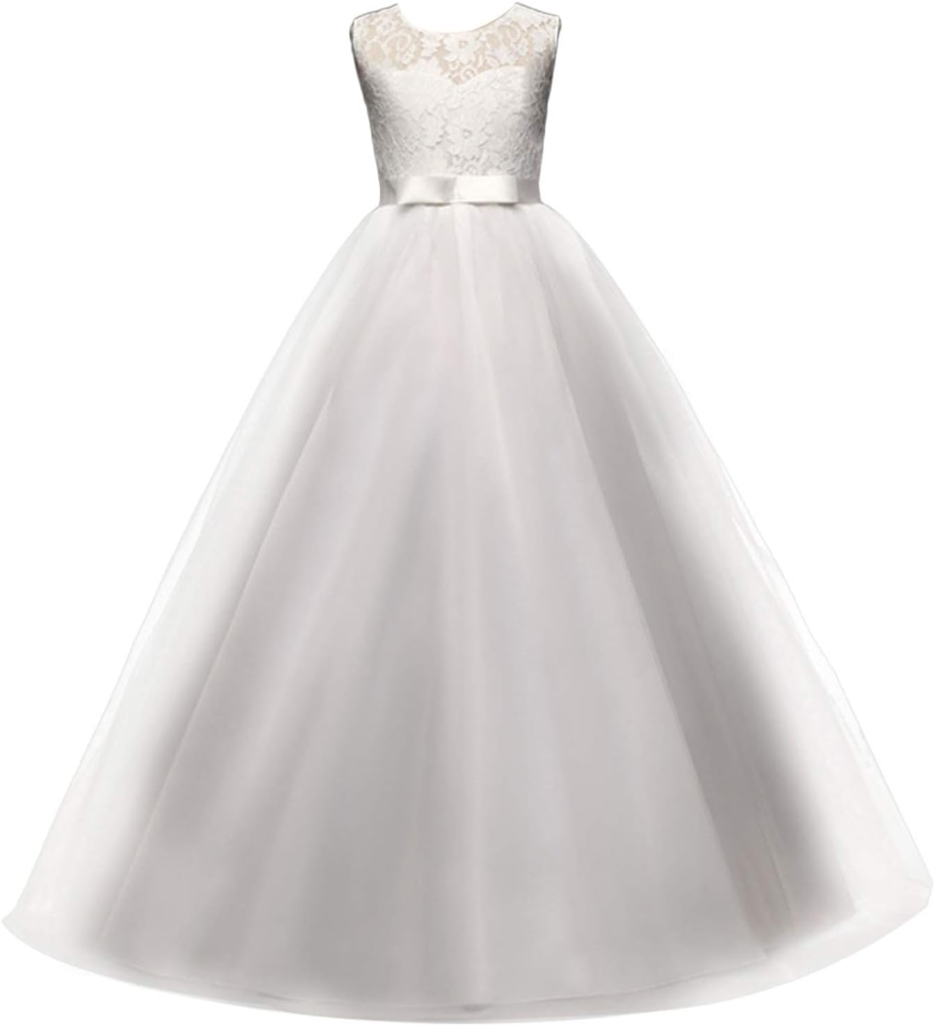 Girls Formal Prom Ball Gown Kids Lace Embroidered Wedding Party Tulle Dresses TZ09 (White, 9-10year)