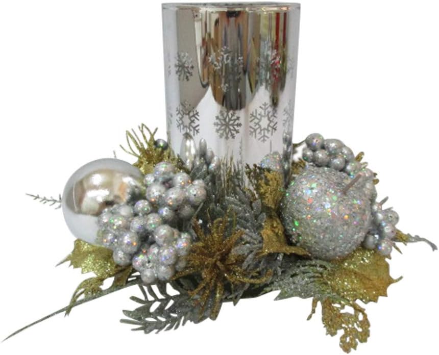 TenWaterloo Gold and Silver Christmas Glass Candle Holder with Glittered Berries and Ornaments, 8 Inches Wide x 6 Inches High, Pillar Candle or Votive Candle Holder
