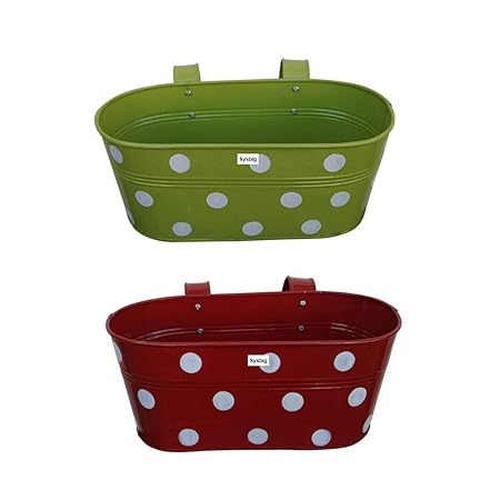 Tovick Set of 2 Garden or Balcony Decor Polka Design Metal Railing planters with Detachable Hooks for Indoor Decor/ Garden Decor