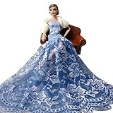 Luxurious Elegant Chinese Blue And White Porcelain Design Elements Floor Length Bridal Gown,For Barbie Dolls(With A White Shawl)