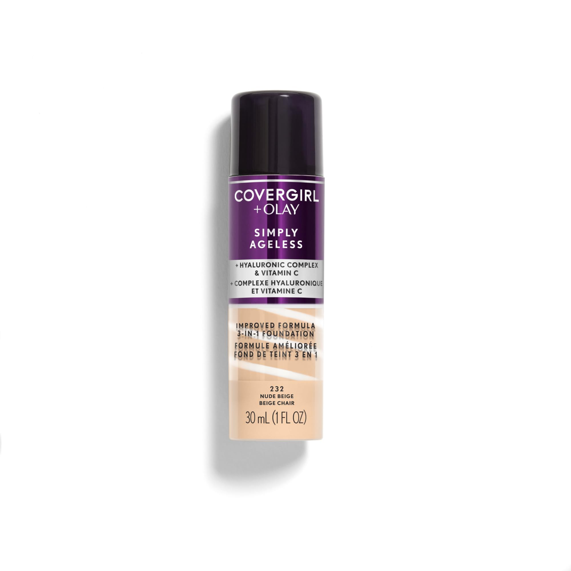Photo 1 of CoverGirl & Olay Simply Ageless 3-in-1 Liquid Foundation, Matte Finish, Hyaluronic & Vitamin C Formula, Nude Beige, 1 Count