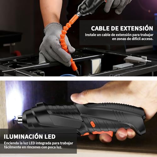 YEAHCHIC Juego de 47 Destornillador Eléctrico Inalámbricos de 3,6 V con Puntas Recargables por USB，Uso Doméstico, Reparación， Mango Giratorio de 90°a 180°, Atornillador Puntas Intercambiables
