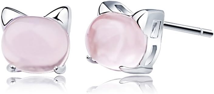 Sewanz Women's Sterling Silver Rose Quartz Stud Earrings, Lovely Cat Jewelry Accessories 7MM