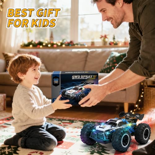 Eaglestone 1:16 4WD RC Car with LED Lights, Music & Spray, 2.4GHz Off-Road Remote Control Vehicle with Dual Battery 40-Min Playtime, One-Click Demonstration Gift for Kids Boys Ages 5-12
