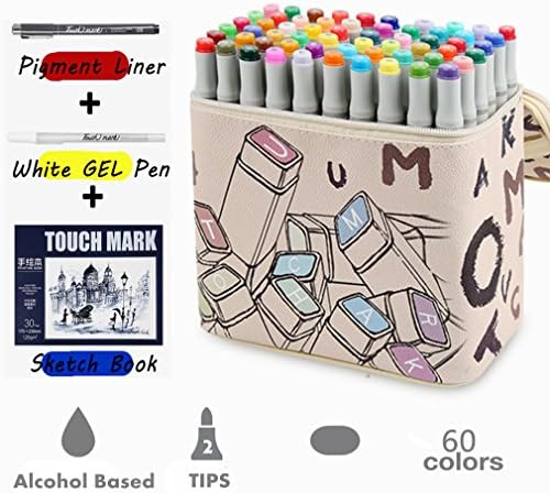 COUTUDI Art Drawing Marker Pen –60 Colours Dual Tip Twin Marker Highlighter with the case for Sketch Cartoon Drawing Colouring Doodling Underlining (BUY 1 GET 5 - White 60 Colours For Anime)