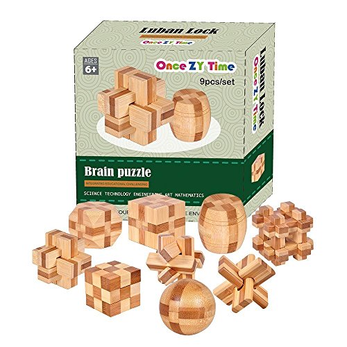 Once ZY Time Puzzles Wooden Puzzles Games Burr Puzzles Jigsaw Kongming Lock 3D Handmade Brain Teaser Toys Intellectual Removing Assembling Toy Educational Puzzles for Kids & Adults Mini Size 9pcs/Set