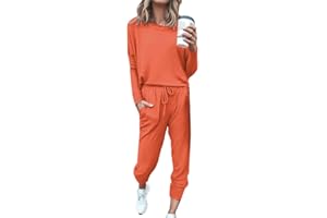 GENERIC 2Pc Women Color Suit Long Sleeve Leisure Pocket Home Sweatpants Sets Seasonal Attire (Orange, M)
