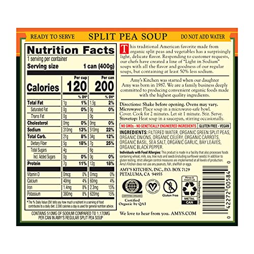 Amy's Soup, Organic Split Pea, Light in Sodium, Low Fat, Vegan & Gluten