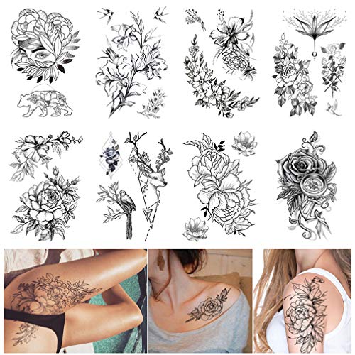 Large Realistic Flower Temporary Tattoos for Women Adults Girls Black