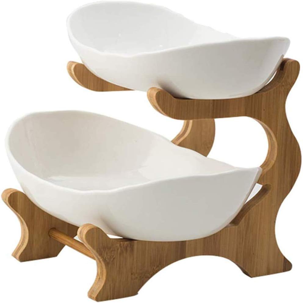 MYHZH 2 Tiers Fruit Basket Bamboo Stand Holder,Ceramic Countertop Fruit Dish Vegetables Candy Shelves Fruit Storage Basket, for Vegetables, Snacks, Kitchen,A