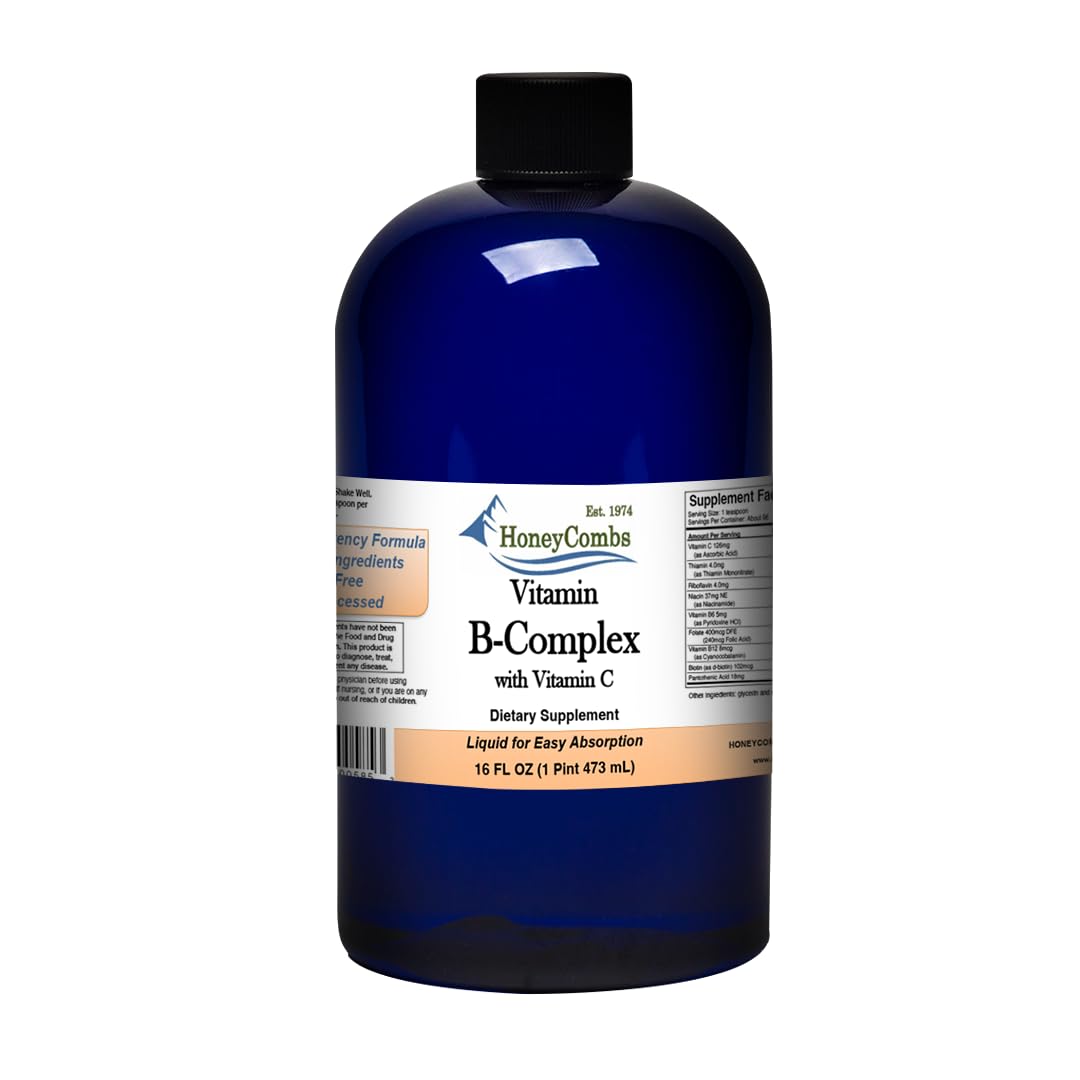 HoneyCombs Vitamin B Complex Drops – Liquid Supplement with Vitamin B1, B2, B3, B5, B6, B7, B9, B12 & Vitamin C – Super B Complex Vitamins – Alcohol-Free Liquid Vitamin Supplement, 16 Fl Oz.