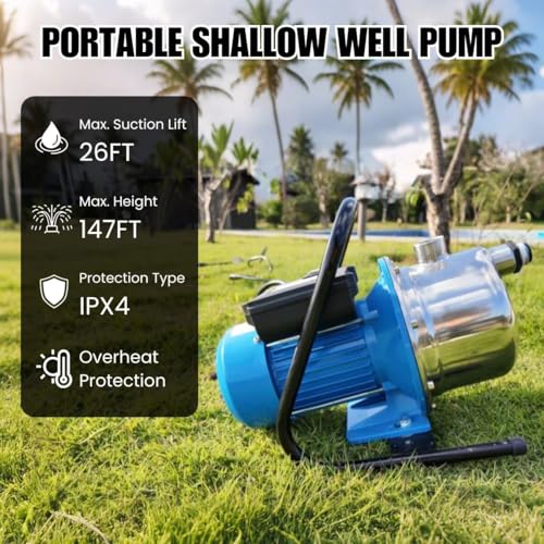 FOTING 1.6HP Shallow Well Pump, Portable Shallow Garden Pump 1600GPH, Stainless Steel Water Transfer Pump for Lawn Farm Garden, Light Blue