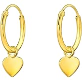 Gold Plated 925 Sterling Silver Heart Dangling Hoop Earrings, Sold as a Pair