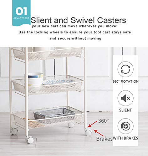 Iris'Home Easy Assemble 5-Tier Bathroom Shelf Cart, Large Rolling Cart, Office File Cart, Kitchen Storage Cart on Wheels, Utility cart, Storage Rack, Mesh Designing -White