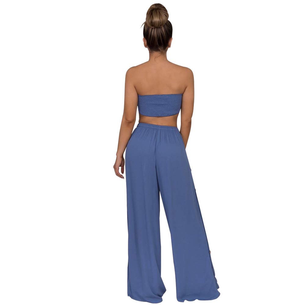 Salimdy Women Sexy 2 Piece Outfits Bandage Crop Top Wide Leg Long Pants Solid Jumpsuits Blue Large