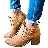 FISACE Women's Autumn Winter Chunky Low Heel Chelsea Round Toe Faux Stacked Ankle Bootie