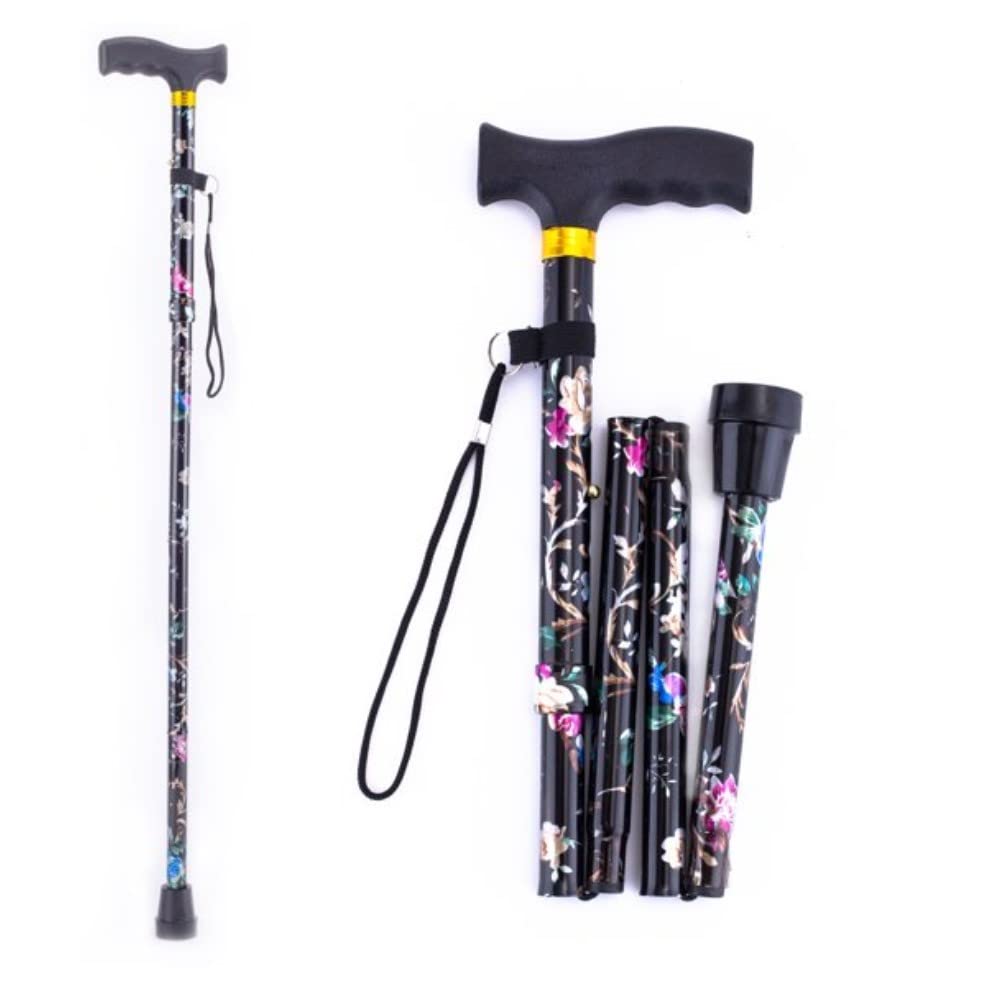 WARESHARK Walking Stick, Easy Adjustable Height Folding Extendable Walking Cane, Lightweight Flexible and Durable Walking Aid Mobility Aid Collapsible Walking Stick (Black with Flowers)