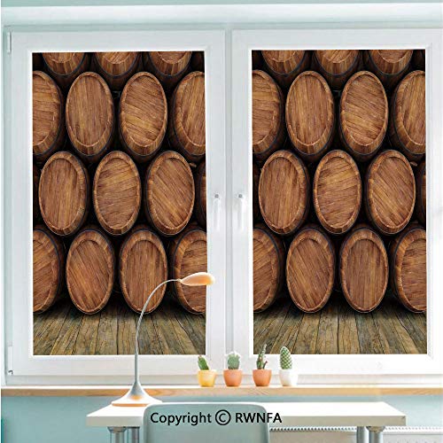Non-Adhesive Privacy Window Film Door Sticker Wall of Wooden Barrels Wine Stack Storage Gallon Antique Vintage Container Rustic Design Decorative Glass Film 22.8 in by 35.4in(58cm by 90cm),Brown
