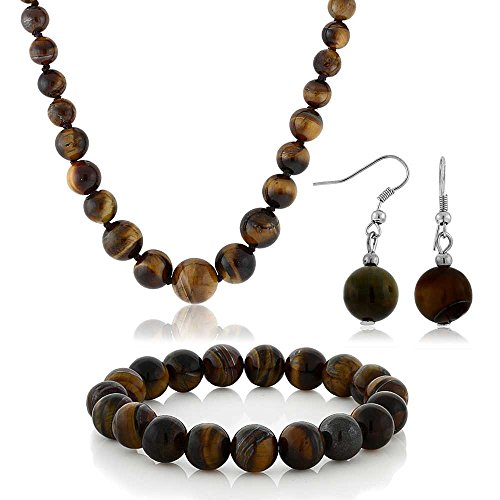 10mm Tiger Eye Brown Color Round Bead Necklace Bracelet and Earrings Set