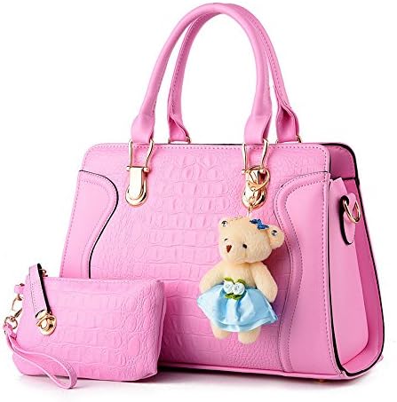 Women's Leather Travel Bags Casual Top-Handle Bags Handbag Coin Purse Set (pink)
