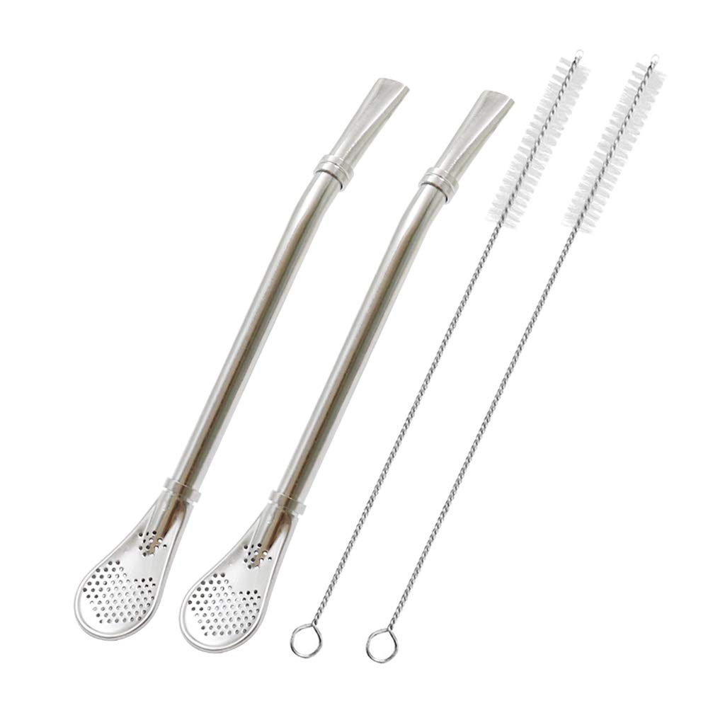 Stainless Steel Drinking Straws with Filter Spoon, 2 Pack Tea Straws, Mate Bombilla, Coffee Stirrer Stick for Iced Tea, Cocktail, with 2 Cleaning Brush (Silver)