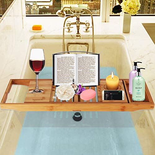 IMountek Luxury Bamboo Bathtub Caddy Tray – Adjustable, Slim Design With Book/Tablet Holder