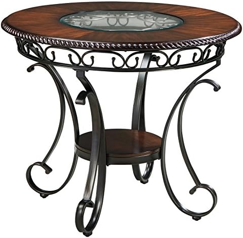 Luxury Old World Style Counter Height Dining Table, Sturdy Woodwork and Scrolled Metal Base Construction and Circular Inset Glass, Beautifully Textured and Richly Hand Finished, + Expert Guide