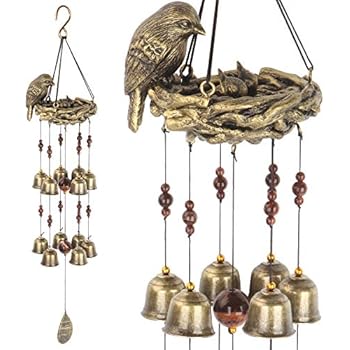 Gardenvy Bird Nest Wind Chime, Bird Bells Chimes with 12 Wind Bells for Glory Mother's Love Gift, Garden Backyard Church Hanging Decor, Bronze