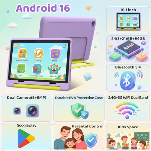 Gleeso Kids Tablet 10 inch Android 16, 24GB RAM+64GB ROM, Child Tablet 1280 * 800 IPS, 5MP+8MP Camera, 6000mAh, WiFi 6/BT 5.3, Parental Control, Toddler Tablet with Protective Case(Purple)